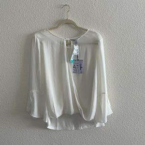 Sutton Mixed Material Bell Sleeve Surplice Blouse